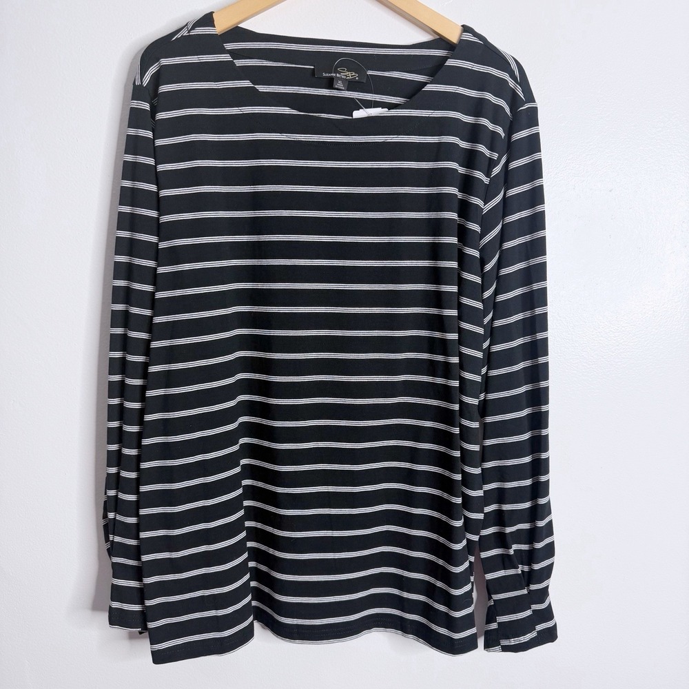 Suzanne Betro‎ Black White Striped Boat Neck Top Long Sleeve XL Nautical Casual